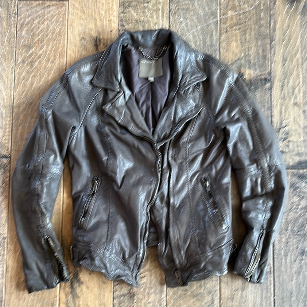 Muubaa Gray Leather Jacket Asymmetrical Zip Classic Design